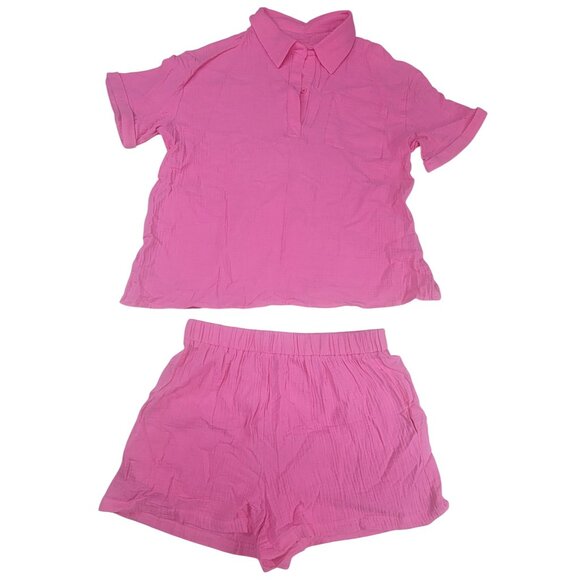Shirt and Short Set Pink Short Sleeve Button-Up Womens Size L 100% Cotton New - Picture 1 of 9